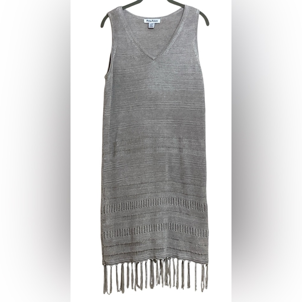 Tommy Bahama Gray Linen Pointelle Fringed Sweater Dress in Gray Size Large.